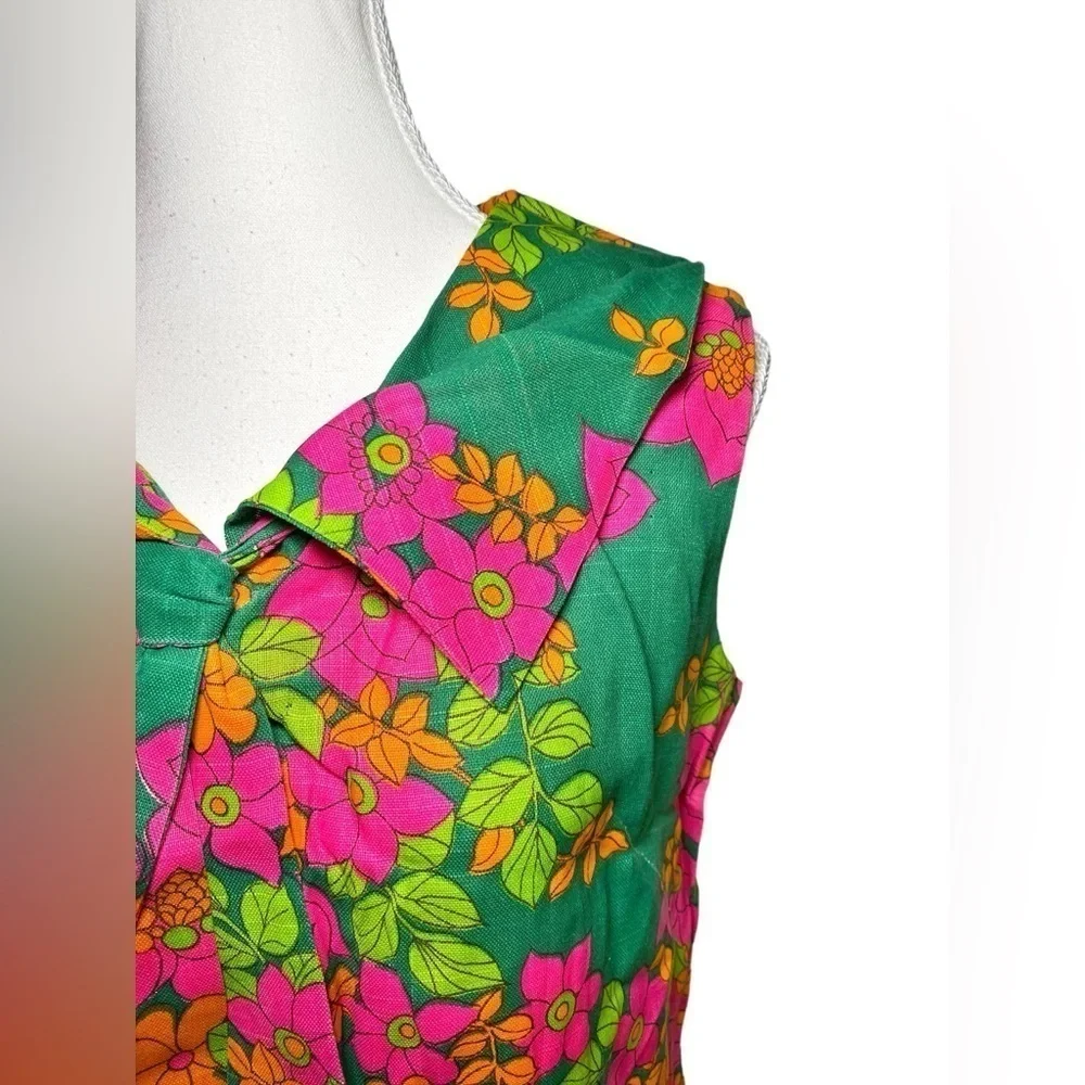 Lee Holliday Kelly Green, Pink, Orange, & Green Floral Print Midi Shift Dress